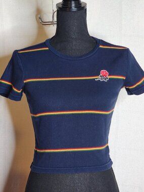 Mighty Fine Navy Rust Yellow Green Stripe Embroidered Rose Ribbed Crop Top Sz M